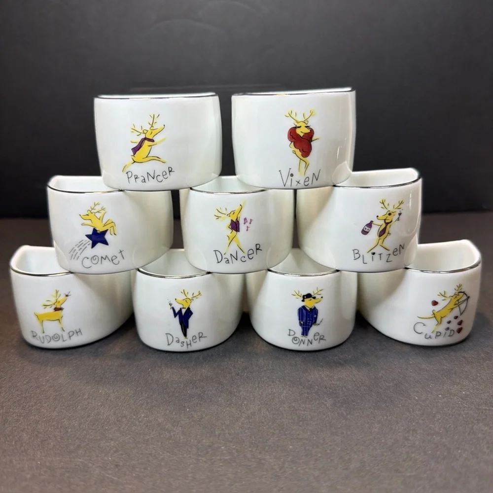 Vtg Pottery Barn Reindeer Napkin Ring set Rudolph Christmas Japan Porcelain 9 Pc